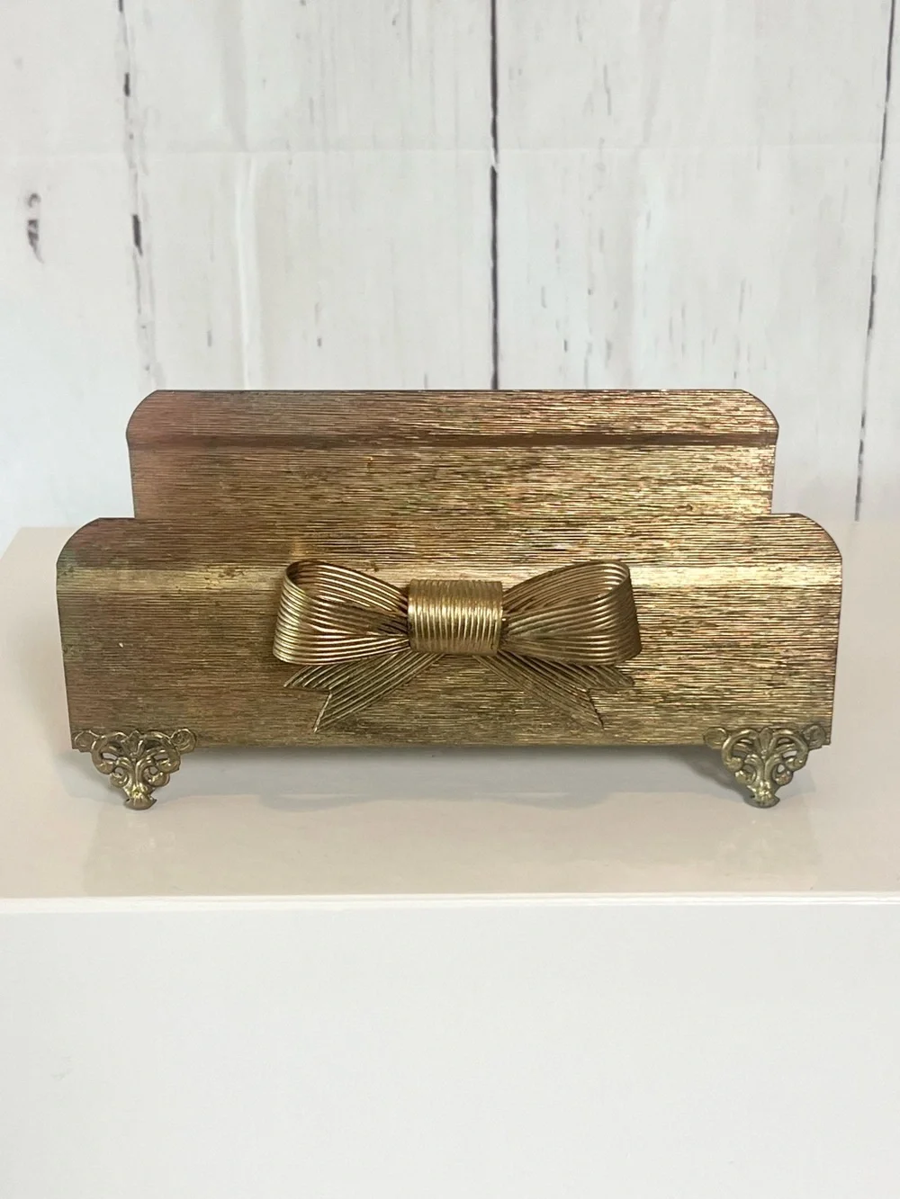 VTG Hollywood Regency Gold Filigree Tissue Box Cover Bow Scroll Foot MCM